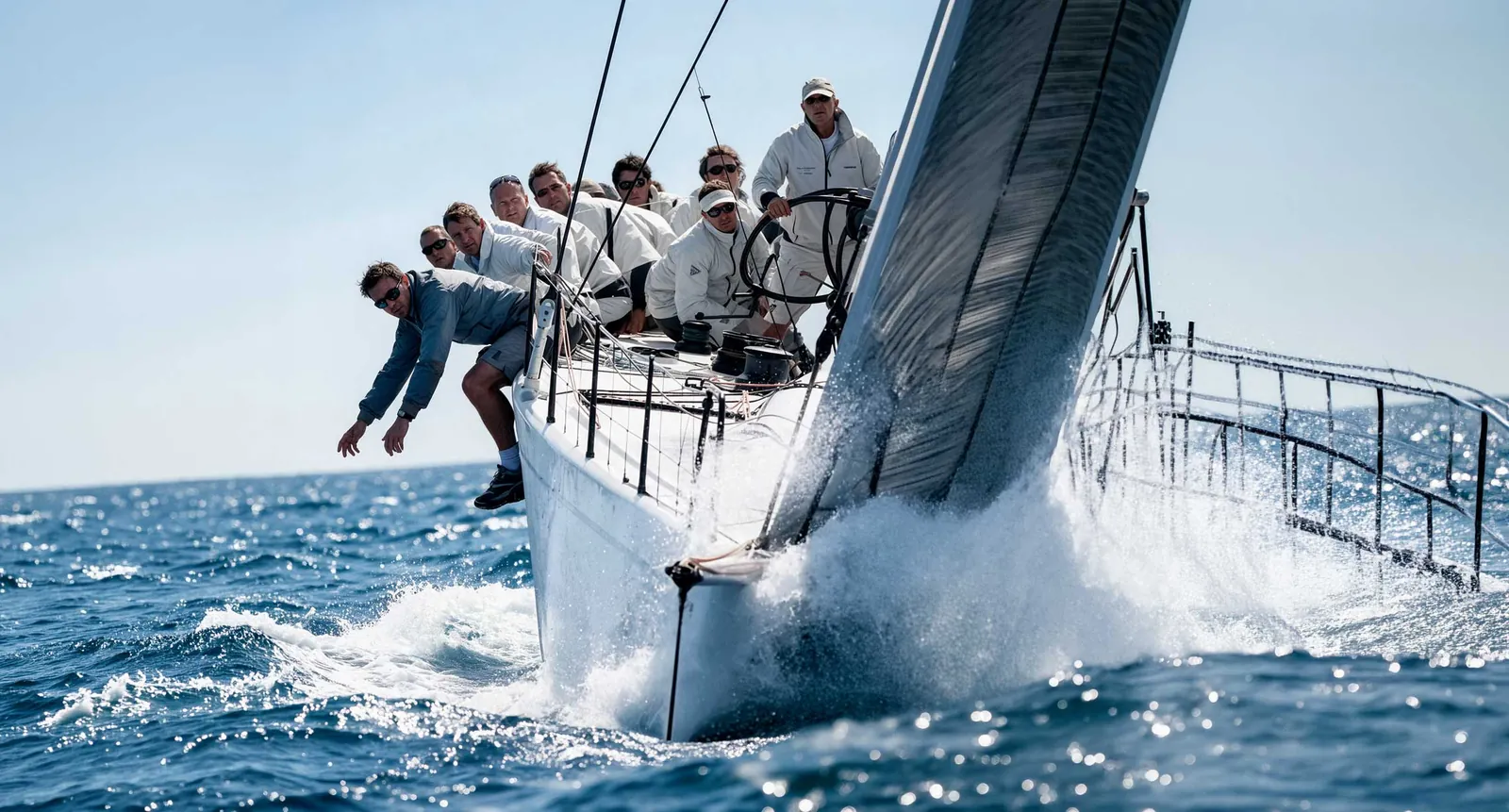 Un velero de regatas escorado a toda vela, con la tripulación colgada de la banda de barlovento y la proa levantando una nube de espuma